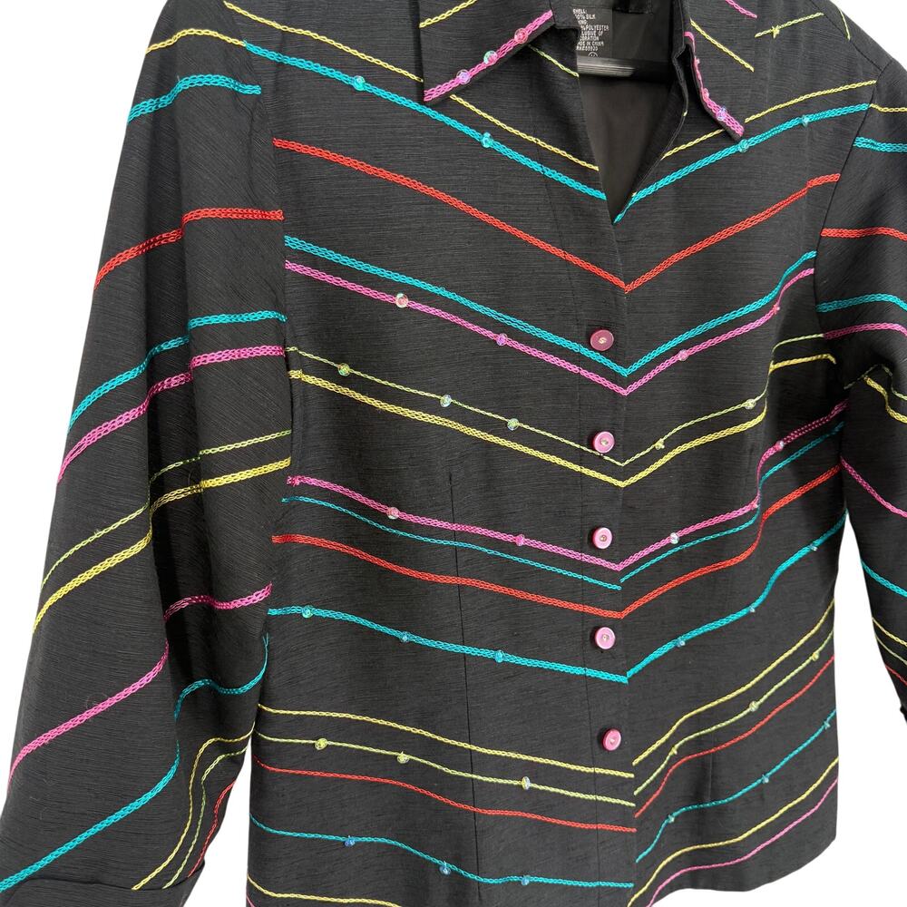 SILK LAND Sz Medium 100% Silk Black Blue Pink Wearable Art Jacket Shirt Top - Picture 4 of 9